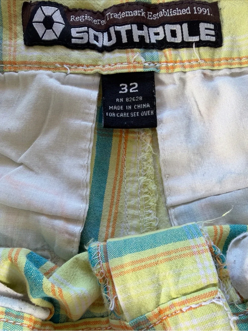 Vintage Y2K South Pole Yellow Plaid Flat Front Shorts with Blue & Orange Stripes